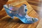 Fenton Blue Iridescent Art Glass Slipper Shoe Hand Painted Iris *Fenton Sticker*