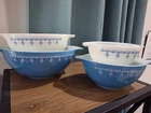vintage, pyrex, snowflake blue, mixing bowls, set of 4