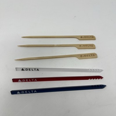 6 Swizzle Sticks Delta Airlines First Class Plastic & Wood Whiskey Stirrers
