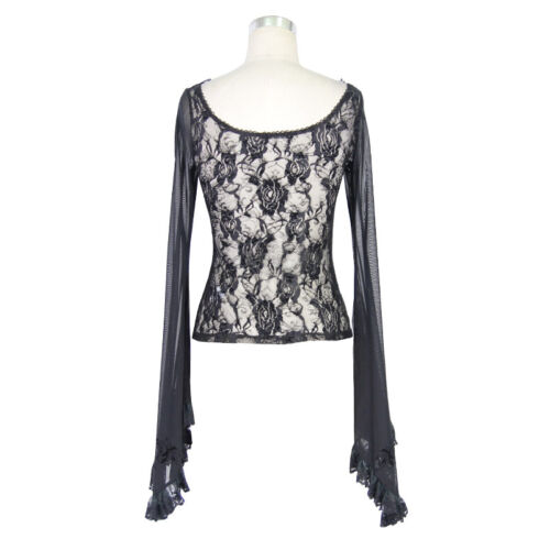 Mujeres Top Gótico Negro Camiseta Mangas Largas Camiseta Transparentes Blusas Sexy Encaje - Imagen 4 de 6