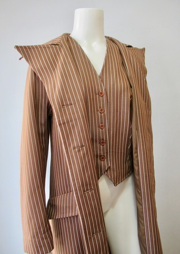 Vintage Mid Century Mod Caramel Pin Striped Vest S M 37 - Picture 3 of 4