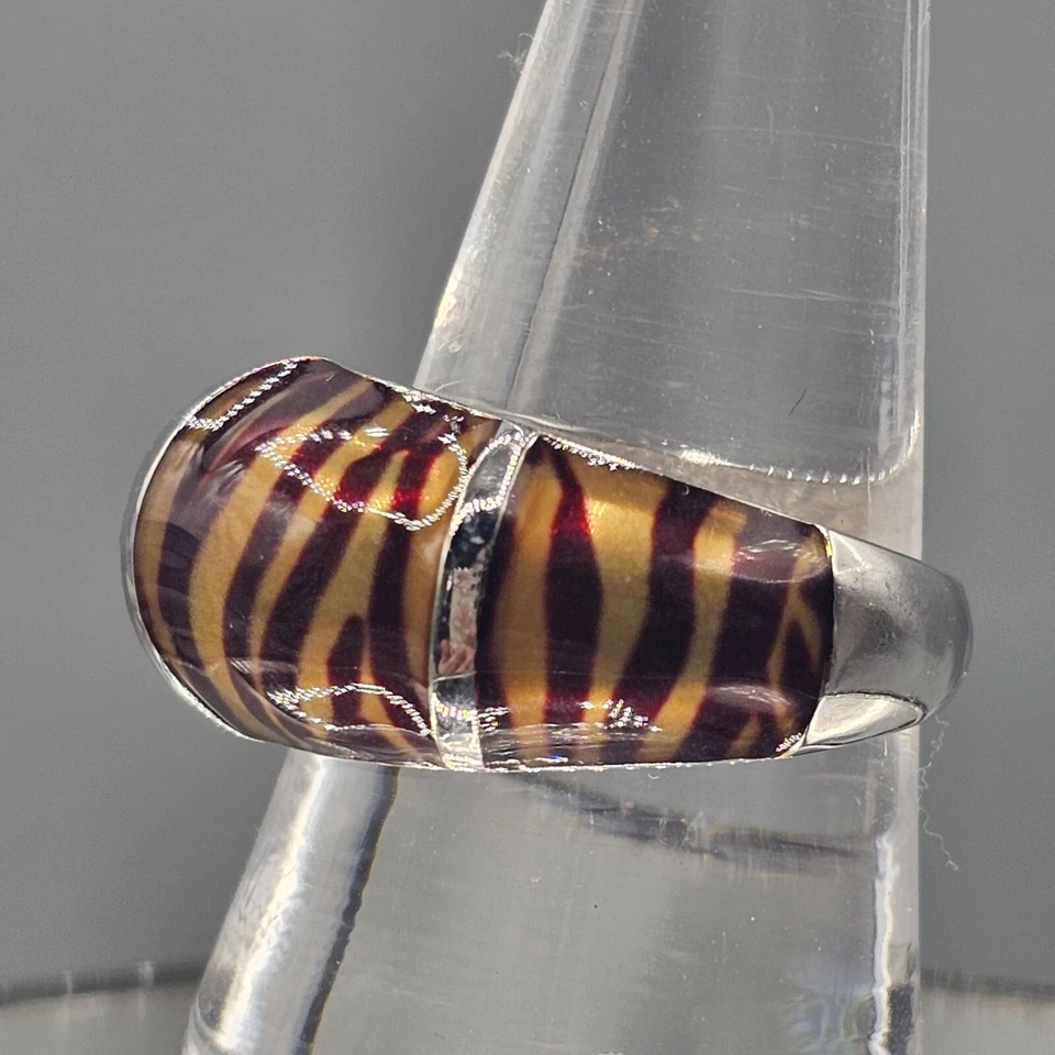 Tiger Stripe Dome Ring Size 8.5 Silver Tone Metal Camille Lucie Animal Print - Image 3 of 4