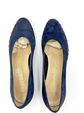 Vintage Salvatore Ferragamo Nubuck Calf Fabric Flats Navy Size 6 B Style 513B