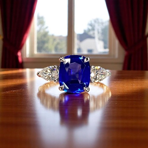Lab Created Cushion 4.80 Ct Blue Sapphire Diamond Ring Solid 14K Gold White Band - Picture 7 of 11