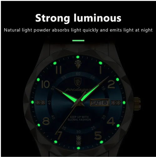 POEDAGAR Montres à Quartz Homme 3 ATM Étanche Lumineuse Date Or Montre-Bracelet SS - Photo 9/10