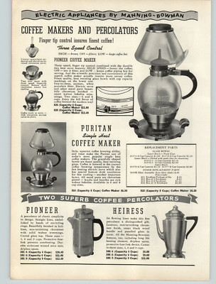 1939 PAPER AD Manning Bowman Pioneer Coffee Maker Percolator Puritan Glass Pot