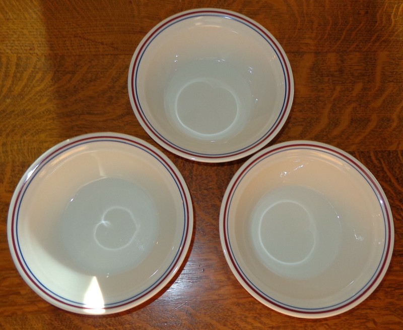 3 Vintage Corelle ABUNDANCE RED BLUE STRIPE SOUP CEREAL BOWLS 6-3/4" WIDE