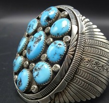 Heavy Vintage NAVAJO Sterling Silver KINGMAN TURQUOISE Cluster Cuff BRACELET 97g
