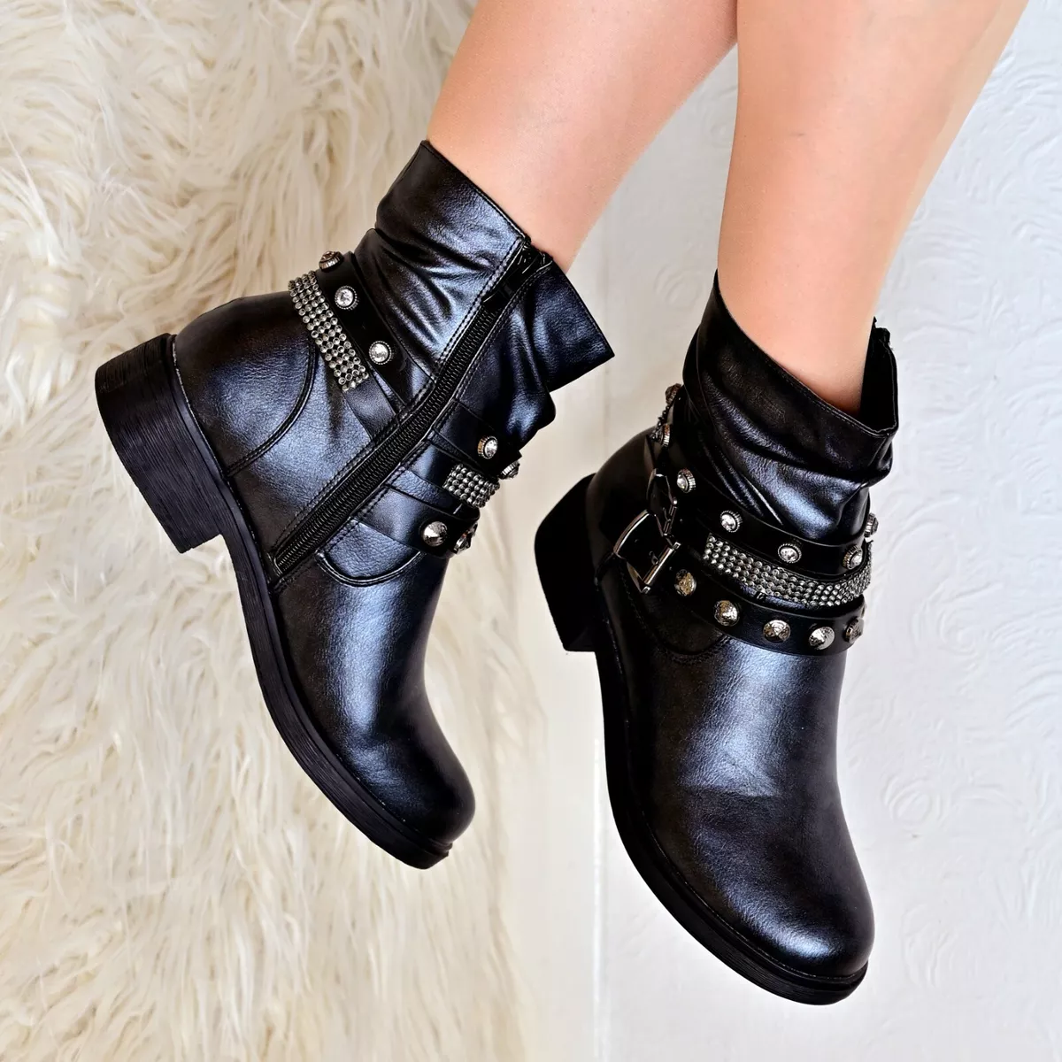 Black studded strap ankle boots sales