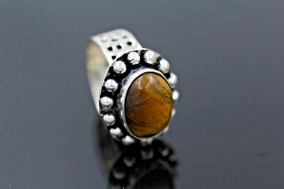 Anillo de latón estilo vintage ojo de tigre marrón joyería étnica tribal talla US"7 Foto 4 de 4