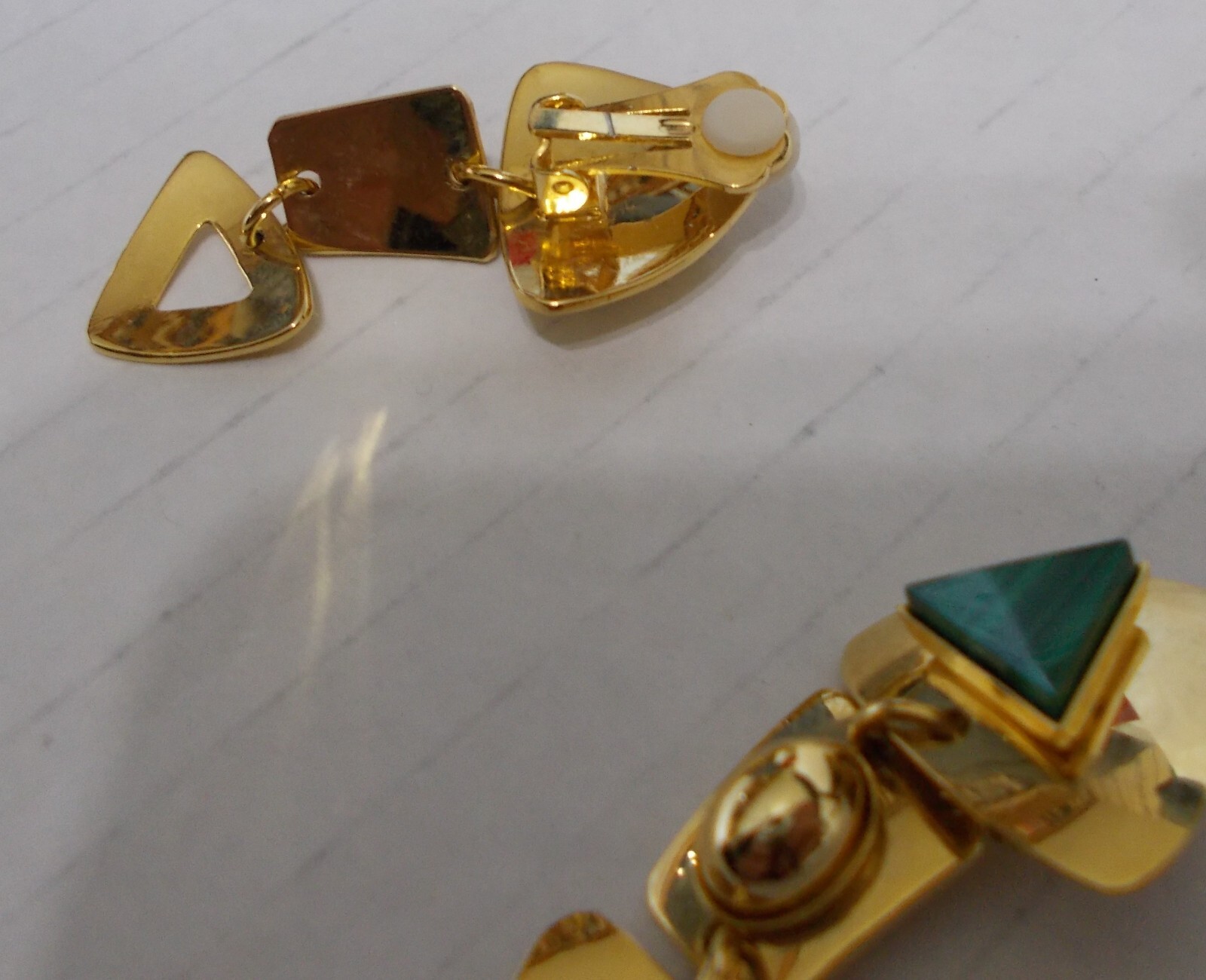 Triangular Malachite Clip-on Earrings with Gold-t… - image 4