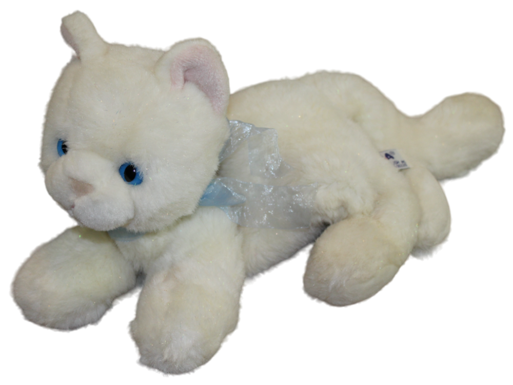 A&A Off White Shimmer Kitty Cat Kitten Plush Stuffed Toy Blue Bow Eyes 14