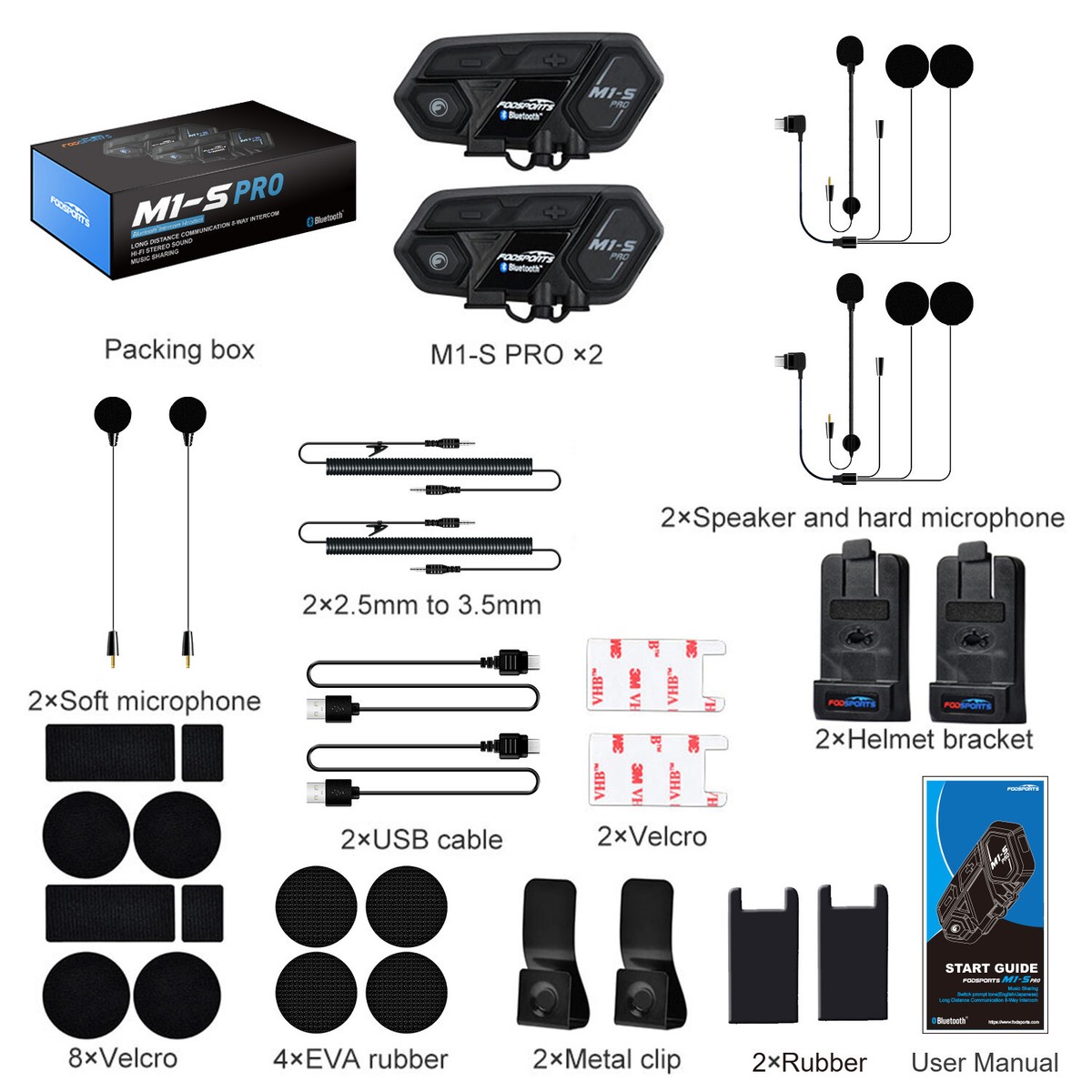2x M1-S Pro Motorcycle Intercom 2000m 10 Riders Bluetooth Helmet