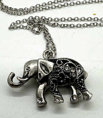 Time & True Silvertone Rhinestone Elephant 32  Long Necklace Used VGC