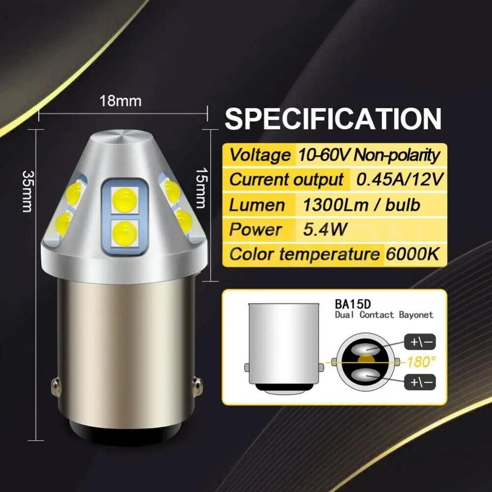 2pcs BA15D 10-60V 1142 1076 LED Car Caravan Turn Signal Light Bulb White 6000K - Image 2 of 4