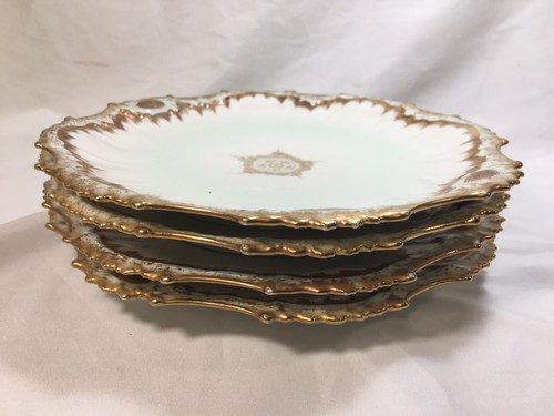 (4) c1900's PHL Limoges Double-Gold Light Green 9.25 Inch Scalloped PLATES - Picture 5 of 11