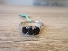 Black Sapphire 3 Stone Ring Platinum Overlay Sterling Silver Size 7,8,9 Option