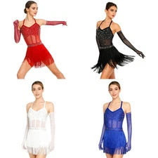 Womens Bodysuit Rhinestone Dancewear Leotard Dress Gymnastics Latin Concert