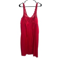 VTG Red Satin Lace Trim Slip Dress L Full Length Romantic Valentine Lingerie