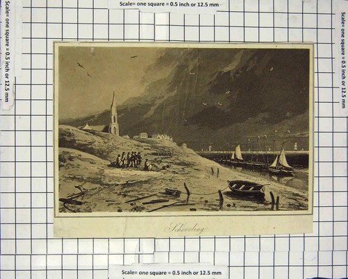 Original Old Antique Print C1800 View Scheveling Boats Church Engraving 19th