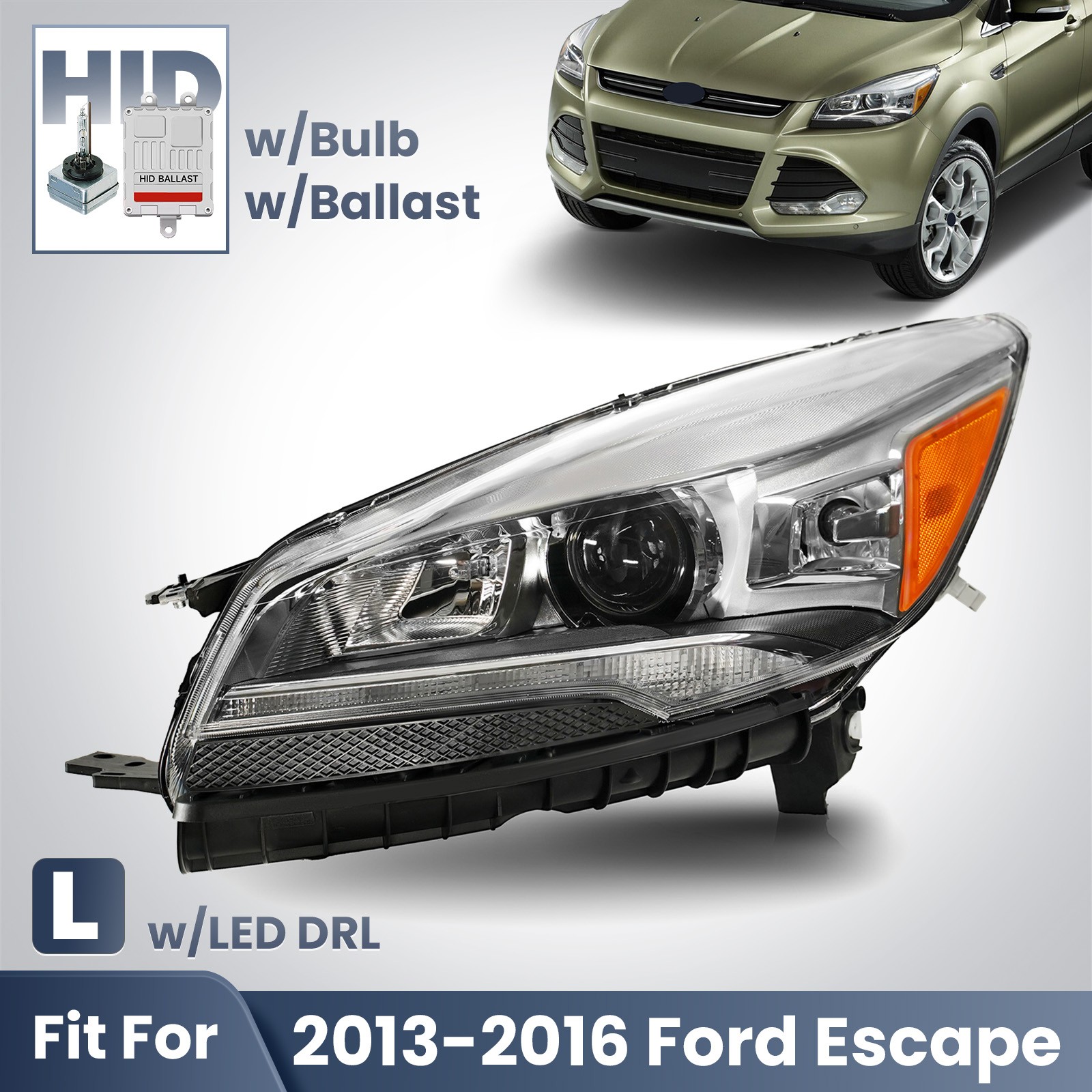 HID/Xenon Headlight For 2013-2016 Ford Escape w/Bulb w/Ballast Left Driver Side