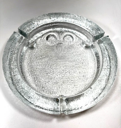 Vintage Blenko #702 Clear Crystal 10" Large Owl Glass Ashtray 1960's Pristine