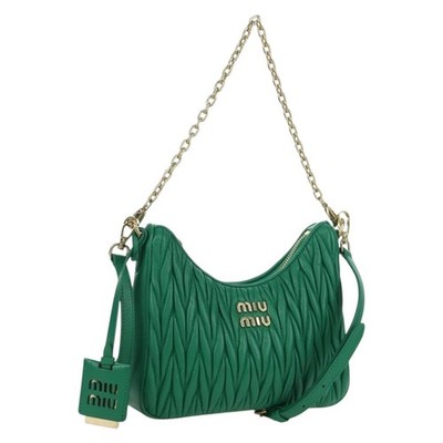 Miu Miu Matelasse Chain Shoulder Bag Leather 2way Green Gold Auth