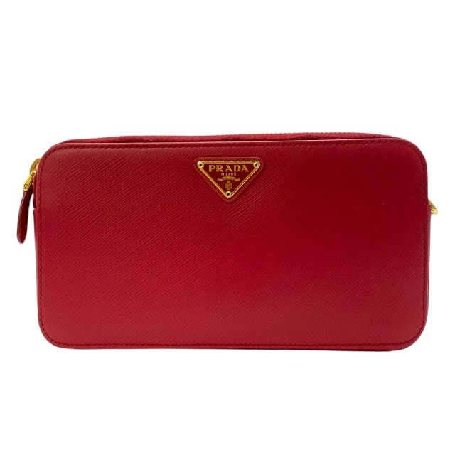 Prada Triangle Logo Leather Chain Wallet Crossbody Bag Red