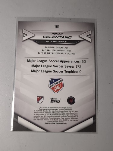 2024 Topps MLS Superstars Roman Celentano #161 Rare Blue Parallel - Picture 2 of 2