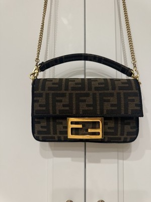 Fendi Mini Baguette Brown Jacquard FF Fabric Crossbody with Chain Strap