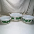 Vintage Hazel Atlas 3 Pc White Milk Glass Green Ivy Leaf Nesting Mixing Bowl Set