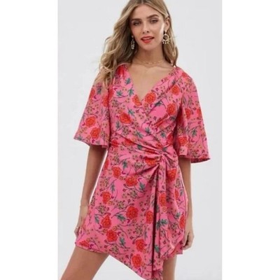 NWT Finders Keepers Dress Size Large Hot Pink Orange Mini Tropical Bell Sleeve