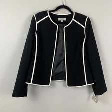 Kasper Open Front Blazer Jacket Size 12 Black White Trim
