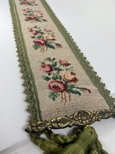 Vintage Needlepoint Tapestry Brass Bell Pull Roses Wall Hanging 32” Victorian