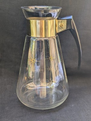 MCM VINTAGE CORNING GLASS LIDDED COFFEE POT CARAFE GOLD ATOMIC STARBURSTS 6 CUPS