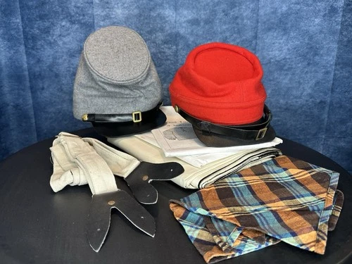 Civil War confederate hats, gum blanket and patterns, lot.