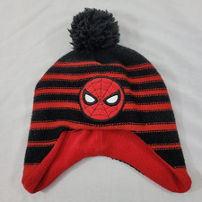 Marvel Youth Boys Spiderman Logo Knit Cap Hat Pom Pom Superhero Ear Flaps