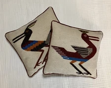 VTG Southwest Native American Zapotec Throw Pillows Set 2 Roadrunners Woven Wool