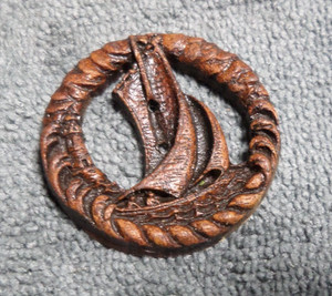 Large Vintage Burwood Carved Wood Pierced Picture Button SAILBOAT & CREW 1-1/2"