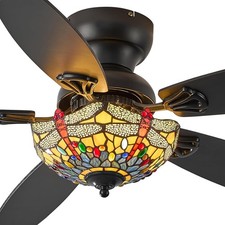 Tiffany 48" Ceiling Fan Chandelier with Lights, 6 Speeds, Retro Style