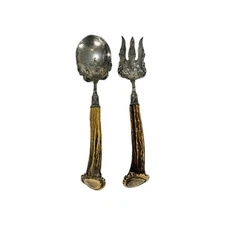 Vintage Meriden Britannia M.B. Co. Silverplated Antler Handle Salad Serving Set