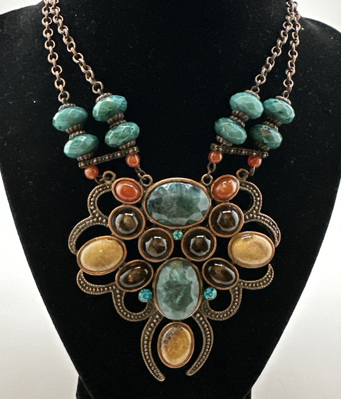 Vintage Lucite Rhinestone Carnelian Beaded Statement Necklace Bronze Tone