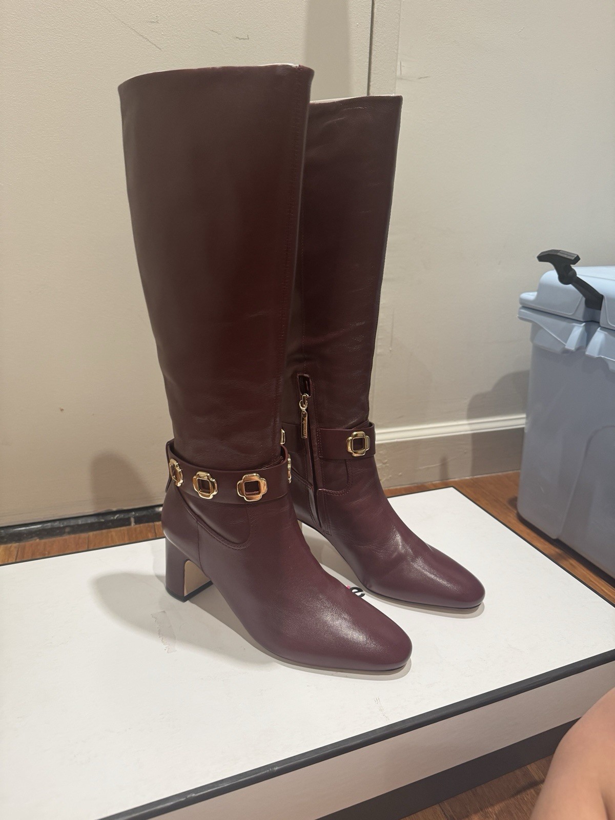 Larroude Milan Block Boot Knee High Wine Leather Riding Boot Buckle Zipper 8.5