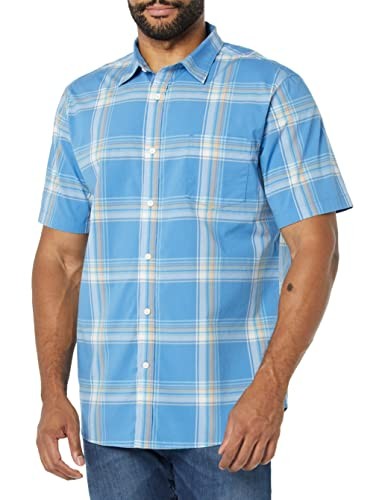 AMAZON ESSENTIALS MEN'S SLIM-FIT SHORT-SLEEVE POPLIN LIGHT BLUE ORANGE PLAID 2XL - Picture 1 of 5