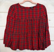 Madewell Top Sz XS Red Plaid Button Back Festive Holiday