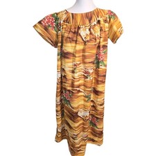 Vtg Made In Hawaii Muu Muu 70s Features Surf Surfers Hibiscus Orange Brown Sz XL