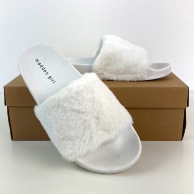 Madden Girl Sandal White Fancy Furry Faux Fur Slide Slipper