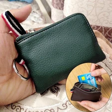 Mens Leather Coin Purse Change Pouch Wallet Zipper Card Holder with Key Chain