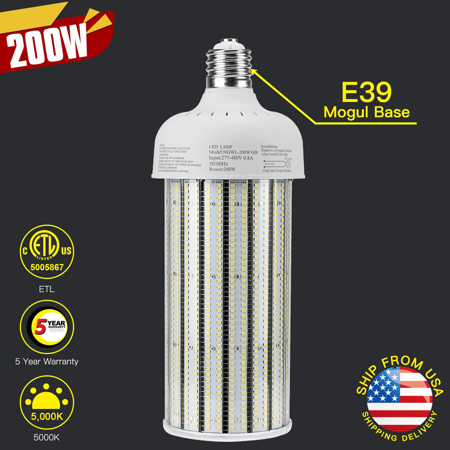 200W LED Corn Bulb 5000K Daylight Warehouse Workshop Lights AC480V (800W Equiva)