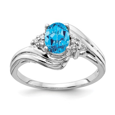 14K White Gold Oval Swiss Blue Topaz Diamond Ring Gemstone Band December ...